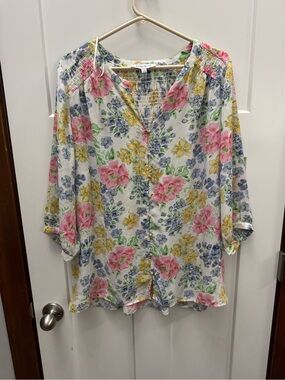 Floral Button-Front Women's Top - White with Pink, Yellow & Blue Flowers